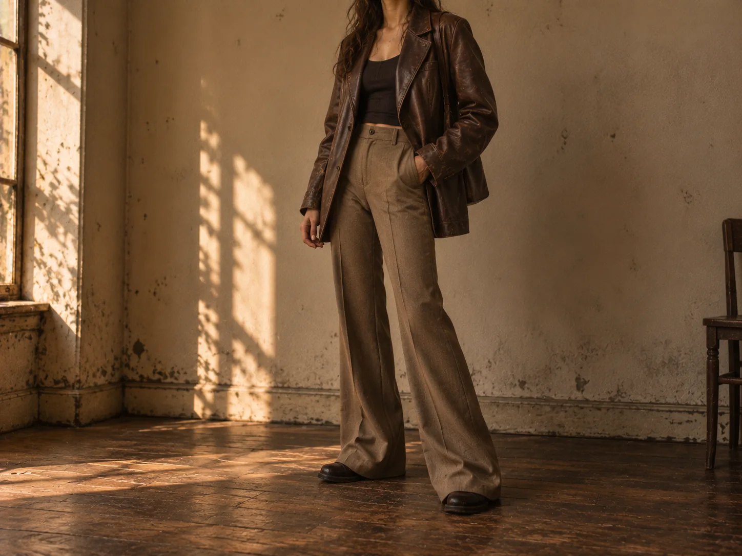 Oversized brown leather blazer worn over flared trousers