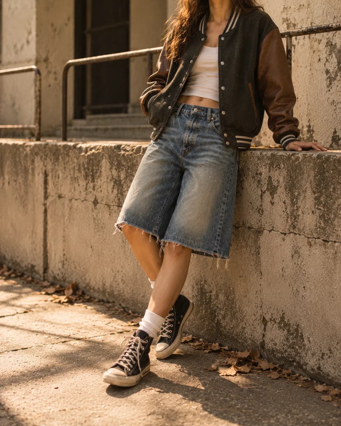 Long baggy denim jorts worn with a varsity bomber