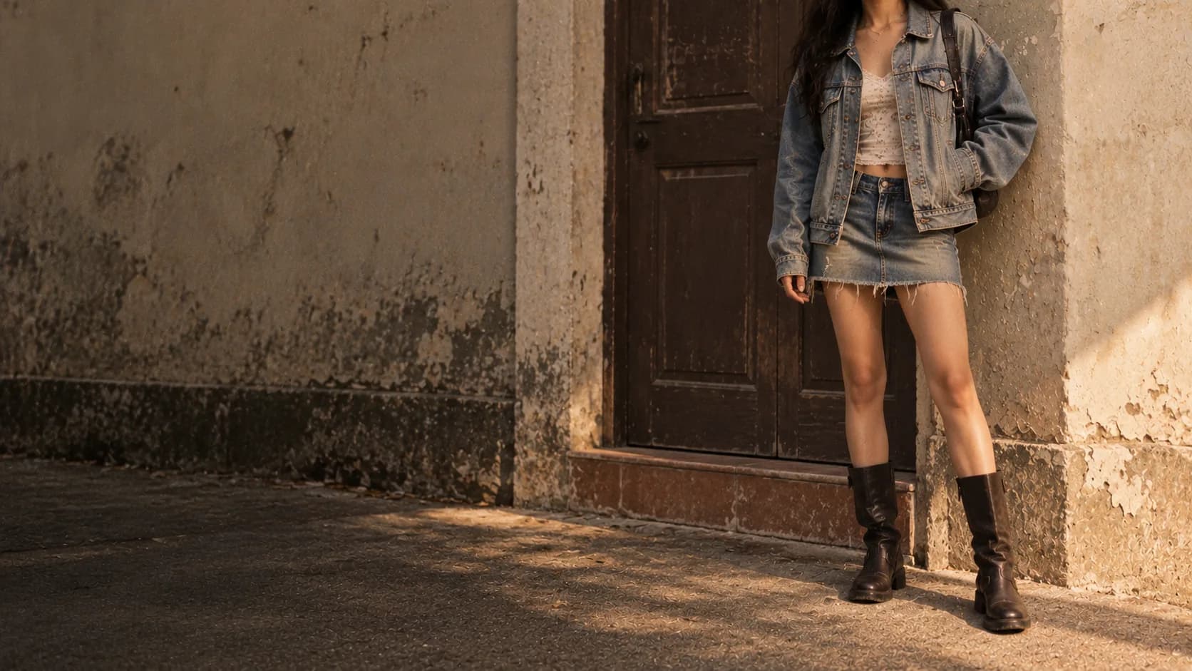 Stonewash mini denim skirt with an oversized trucker jacket