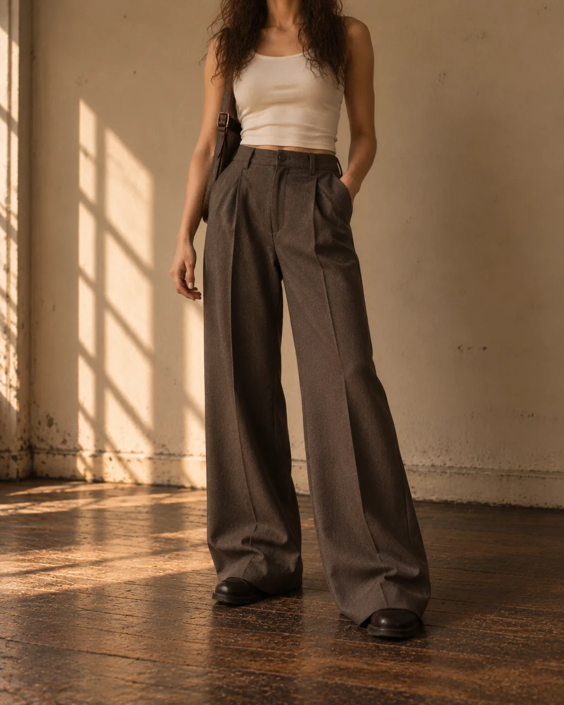 Tailored brown wide-leg pleated trousers