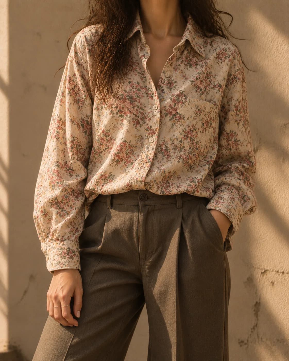 Vintage floral button-up shirt with collar and cuffs