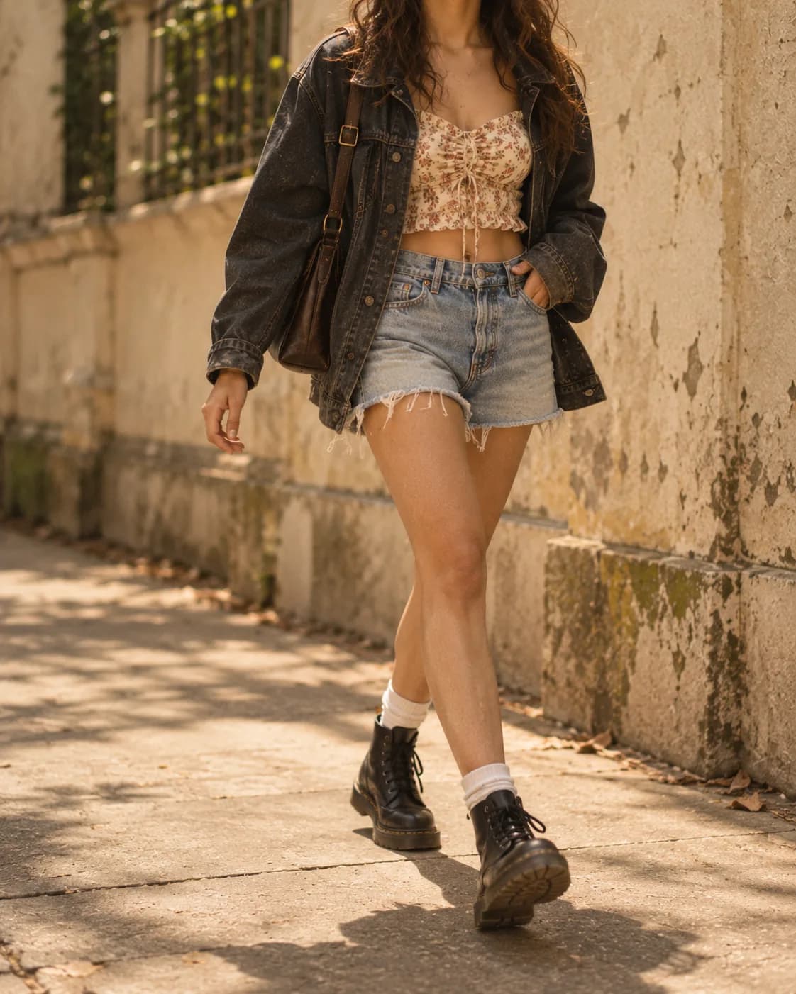 High-waist cut-off shorts worn with an open denim jacket