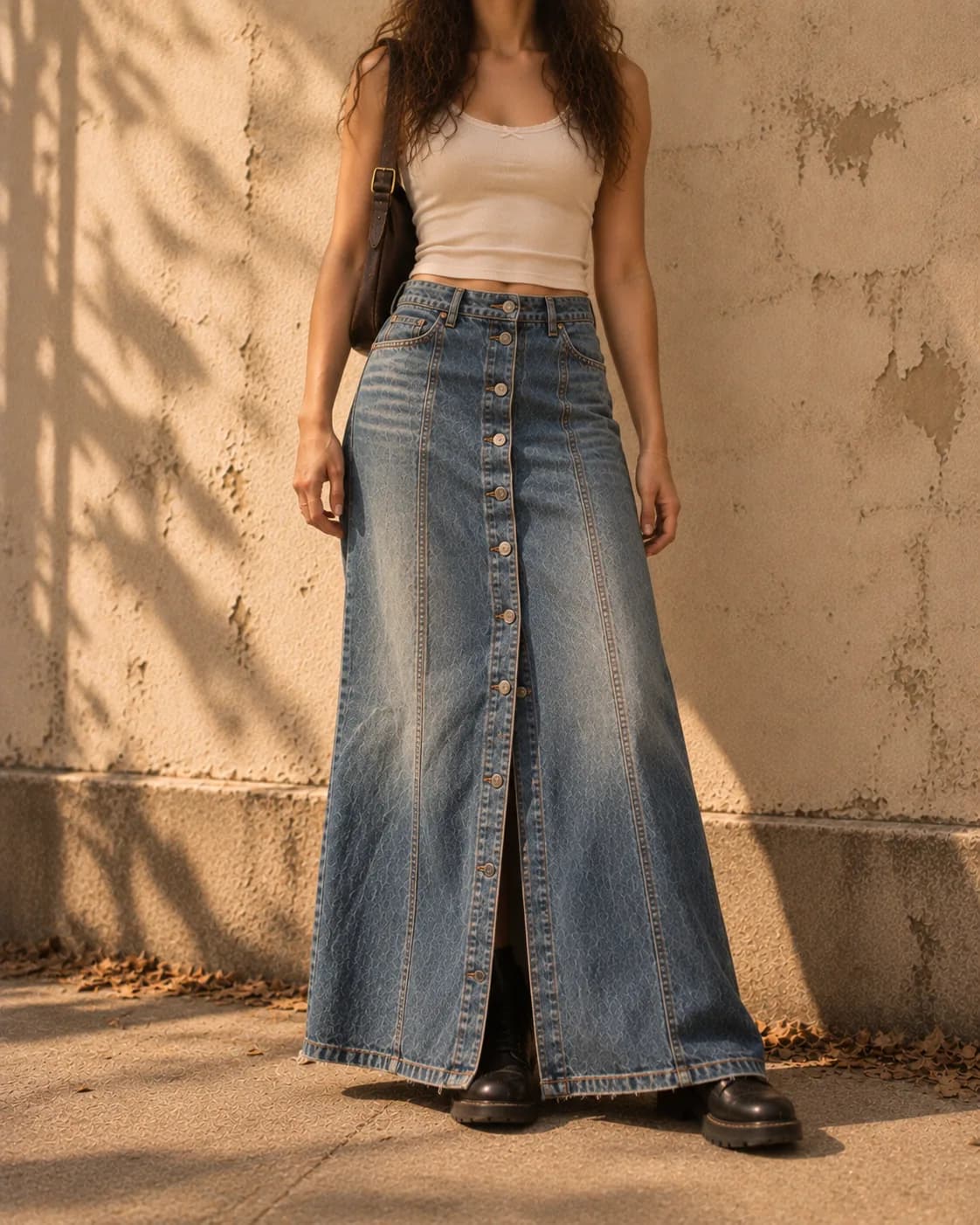 Long denim maxi skirt with a front button placket and centre slit