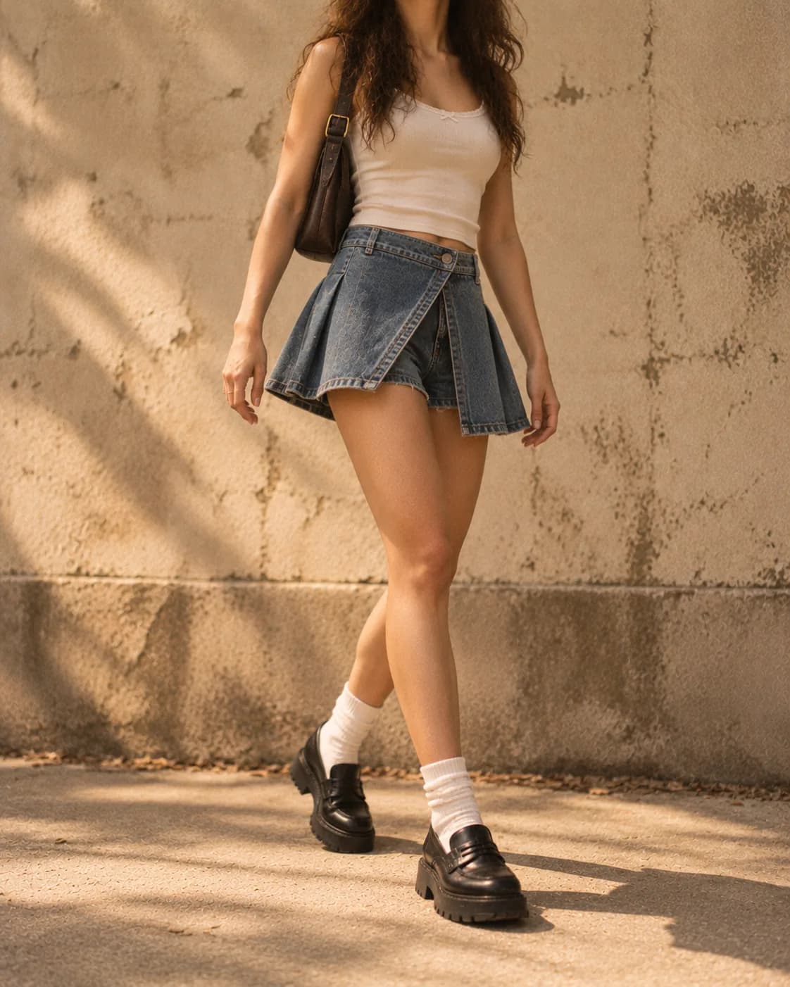 Pleated denim skort with a wrap front over shorts